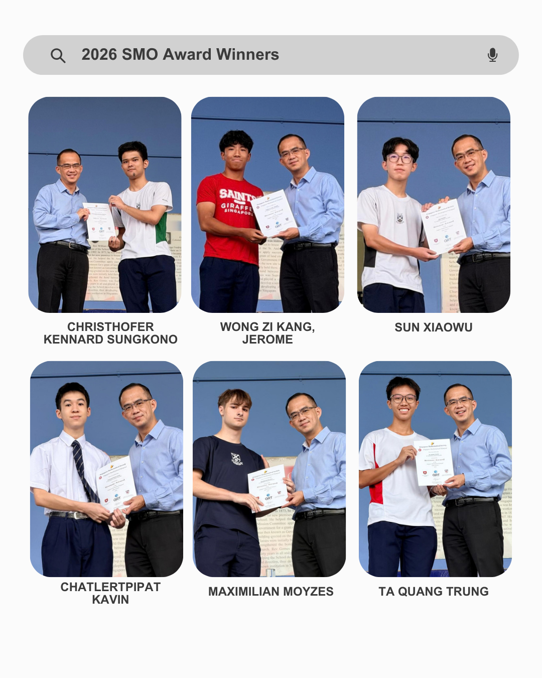 A 2x3 grid featuring six 2026 SMO Award Winners receiving certificates on stage: Christhofer Kennard Sungkono, Wong Zi Kang, Jerome, Sun Xiaowu, Chatlertpipat Kavin, Maximilian Moyzes, and Ta Quang Trung.   